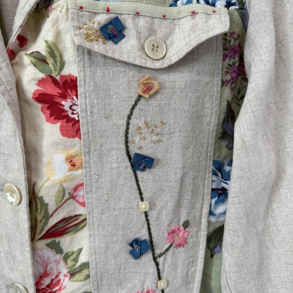 Vintage Boho Linen Blend Floral Patchwork Jacket Sz L Natural Cottagecore Artsy - Picture 4 of 10